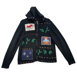 Vintage All Points Womens Holiday Zip-Up Hoodie Sweater  Size L Black Bear & Sle
